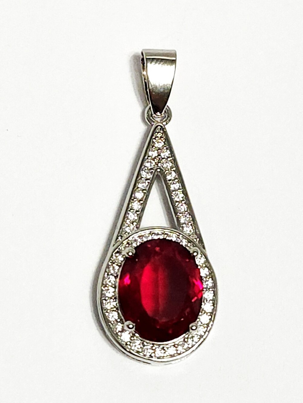 Sterling Silver Red Oval Halo Teardrop Pendant size 1.5"